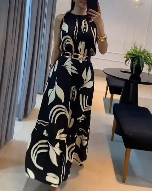 Plants Print Sleevless Hollow-out Back Tied Detail Maxi Dress Casual Ruffle Hem Vacation Dress without Belt black