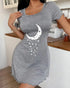 Stars & Crescent Moon Print Short Sleeve Loungewear Casual Frill Trim Mini Night Dress gray
