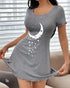Stars & Crescent Moon Print Short Sleeve Loungewear Casual Frill Trim Mini Night Dress gray