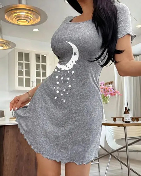 Stars & Crescent Moon Print Short Sleeve Loungewear Casual Frill Trim Mini Night Dress gray