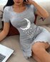 Stars & Crescent Moon Print Short Sleeve Loungewear Casual Frill Trim Mini Night Dress gray