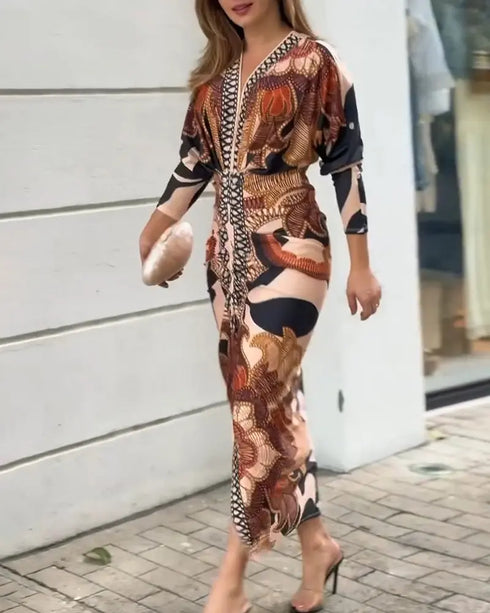 Tropical Print Deep V Neck Ruched Waist-Gathered Dress Front Slit Slim Fit Vacation Dress brown