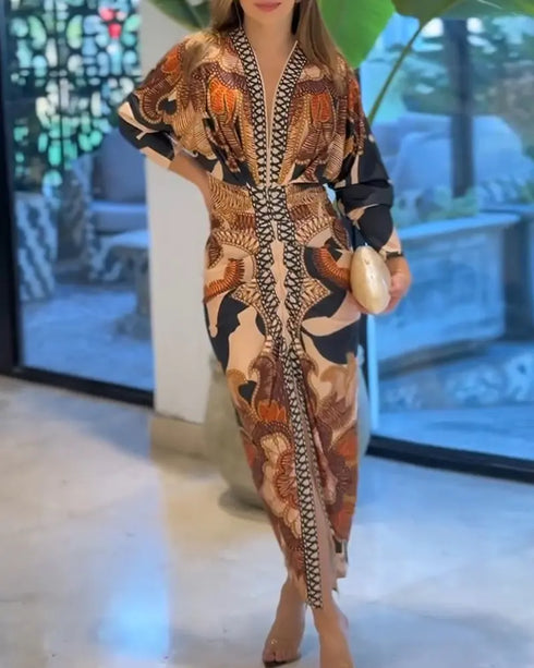 Vintage Baroque Deep V Neck Long Sleeve Slit Bodycon Dress Casual Ruched Slim Fit Vacation Dress brown