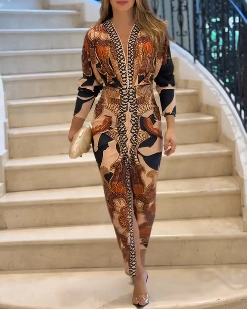 Tropical Print Deep V Neck Ruched Waist-Gathered Dress Front Slit Slim Fit Vacation Dress brown