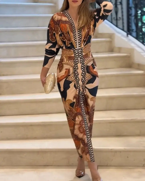 Tropical Print Deep V Neck Ruched Waist-Gathered Dress Front Slit Slim Fit Vacation Dress brown