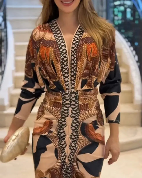 Tropical Print Deep V Neck Ruched Waist-Gathered Dress Front Slit Slim Fit Vacation Dress brown