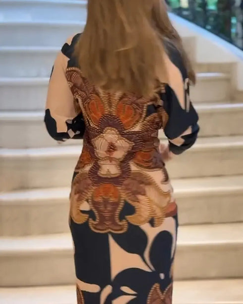 Floral Print Deep V-Neck Gigot Sleeve Party Dress Front Slit Ruched Cinched Waist Vacation Dress brown