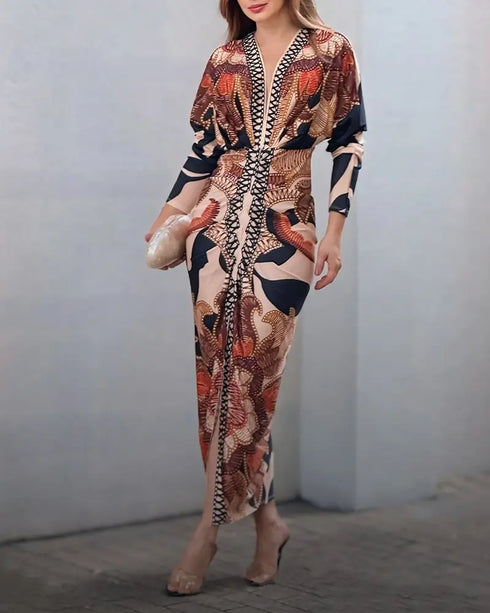 Vintage Baroque Deep V Neck Long Sleeve Slit Bodycon Dress Casual Ruched Slim Fit Vacation Dress brown