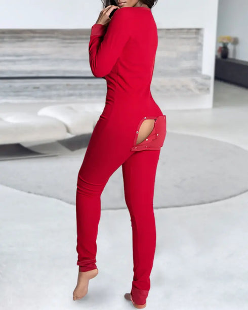 Christmas V-Neck Long Sleeve Functional Buttoned Flap Adults Pajamas One Piece red