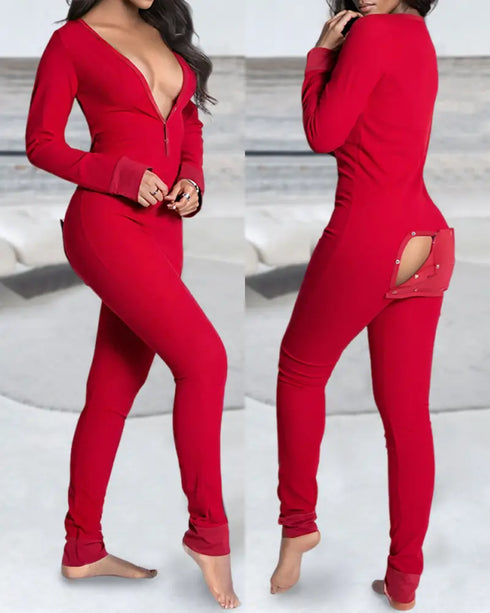 Christmas V-Neck Long Sleeve Functional Buttoned Flap Adults Pajamas One Piece red