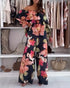 2 Pieces Outfit Floral Print Elastic Off Shoulder Ruffle Cuffs Top and Casual Elastic Back Waist Wide Leg Pants Set Multicolor