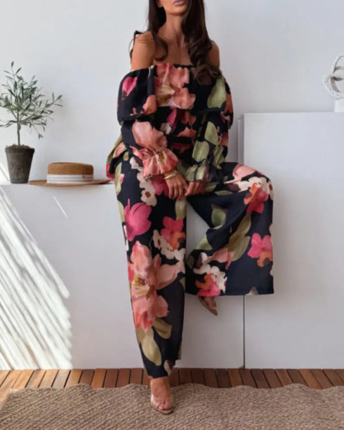 2 Pieces Outfit Floral Print Elastic Off Shoulder Ruffle Cuffs Top and Casual Elastic Back Waist Wide Leg Pants Set Multicolor