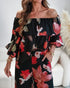 2 Pieces Outfit Floral Print Elastic Off Shoulder Ruffle Cuffs Top and Casual Elastic Back Waist Wide Leg Pants Set Multicolor