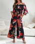 2 Pieces Outfit Floral Print Elastic Off Shoulder Ruffle Cuffs Top and Casual Elastic Back Waist Wide Leg Pants Set Multicolor