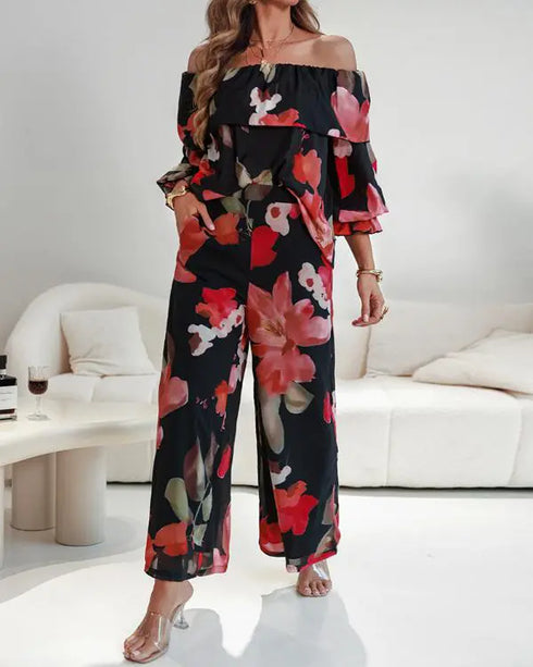 2 Pieces Outfit Floral Print Elastic Off Shoulder Ruffle Cuffs Top and Casual Elastic Back Waist Wide Leg Pants Set Multicolor