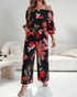 2 Pieces Outfit Floral Print Elastic Off Shoulder Ruffle Cuffs Top and Casual Elastic Back Waist Wide Leg Pants Set Multicolor