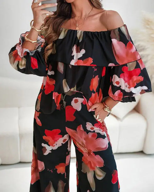 2 Pieces Outfit Floral Print Elastic Off Shoulder Ruffle Cuffs Top and Casual Elastic Back Waist Wide Leg Pants Set Multicolor