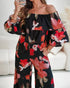 2 Pieces Outfit Floral Print Elastic Off Shoulder Ruffle Cuffs Top and Casual Elastic Back Waist Wide Leg Pants Set Multicolor