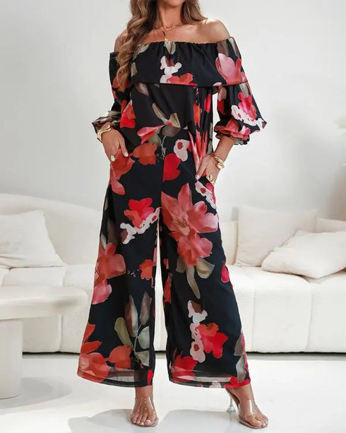2 Pieces Outfit Floral Print Elastic Off Shoulder Ruffle Cuffs Top and Casual Elastic Back Waist Wide Leg Pants Set Multicolor