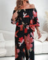 2 Pieces Outfit Floral Print Elastic Off Shoulder Ruffle Cuffs Top and Casual Elastic Back Waist Wide Leg Pants Set Multicolor