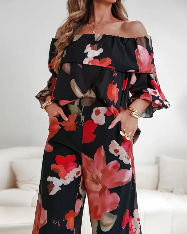 2 Pieces Outfit Floral Print Elastic Off Shoulder Ruffle Cuffs Top and Casual Elastic Back Waist Wide Leg Pants Set Multicolor