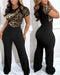 Leopard Print Contrast Sequin Round Neck Jumpsuit Short Sleeve Sheer Mesh Patchwork Casual Romper black