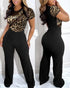 Leopard Print Contrast Sequin Round Neck Jumpsuit Short Sleeve Sheer Mesh Patchwork Casual Romper black