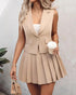 Women's Solid Color Suit Vest With Matching Pleated Skirt Set Office & Party Wear Set Light Khaki