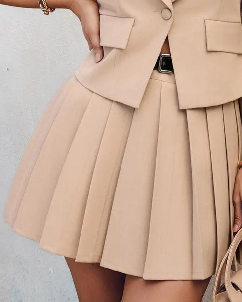 Women's Solid Color Suit Vest With Matching Pleated Skirt Set Office & Party Wear Set Light Khaki