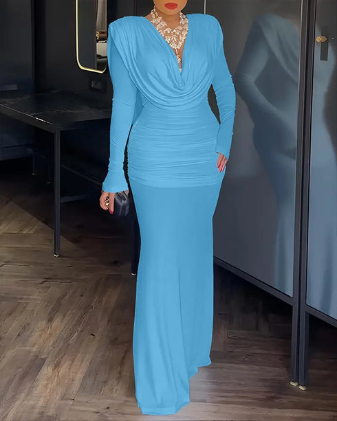 Cowl Neck Ruched Zipper Back Slim Fit Maxi Dress Casual Padded Shoulders Backless Evening Dress Lighted Blue