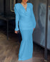 Cowl Neck Ruched Zipper Back Slim Fit Maxi Dress Casual Padded Shoulders Backless Evening Dress Lighted Blue