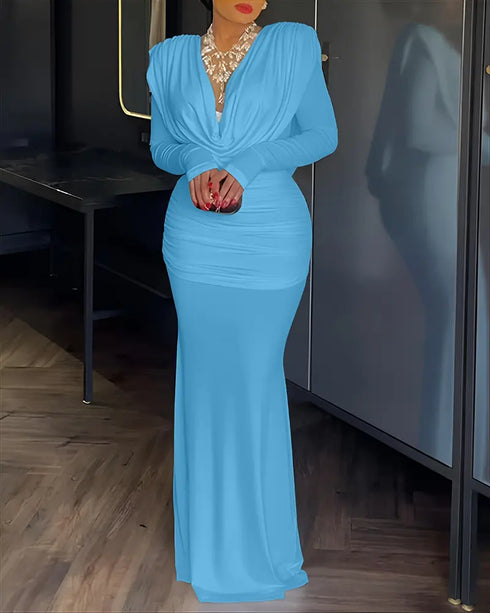 Cowl Neck Ruched Zipper Back Slim Fit Maxi Dress Casual Padded Shoulders Backless Evening Dress Lighted Blue