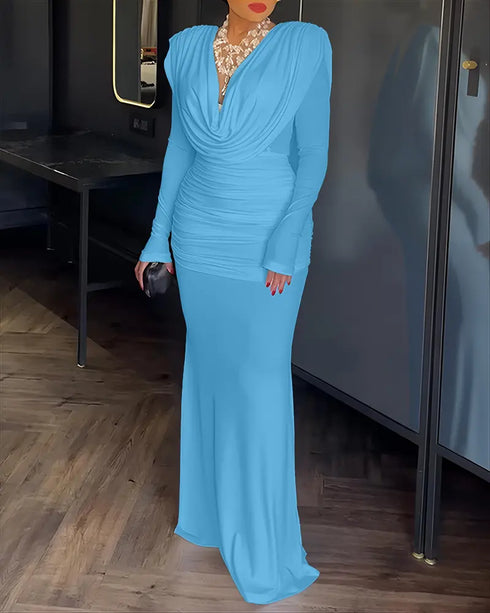 Cowl Neck Ruched Zipper Back Slim Fit Maxi Dress Casual Padded Shoulders Backless Evening Dress Lighted Blue