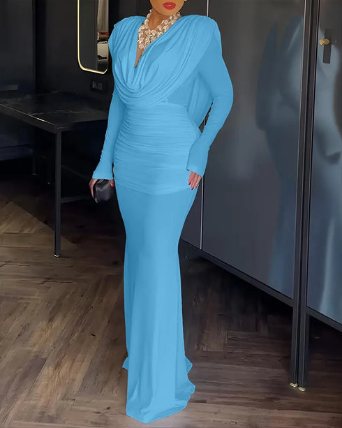 Cowl Neck Ruched Zipper Back Slim Fit Maxi Dress Casual Padded Shoulders Backless Evening Dress Lighted Blue