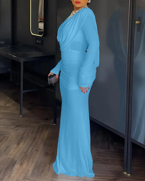 Cowl Neck Ruched Zipper Back Slim Fit Maxi Dress Casual Padded Shoulders Backless Evening Dress Lighted Blue