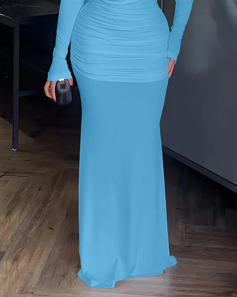 Cowl Neck Ruched Zipper Back Slim Fit Maxi Dress Casual Padded Shoulders Backless Evening Dress Lighted Blue