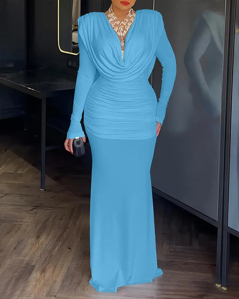 Cowl Neck Ruched Zipper Back Slim Fit Maxi Dress Casual Padded Shoulders Backless Evening Dress Lighted Blue