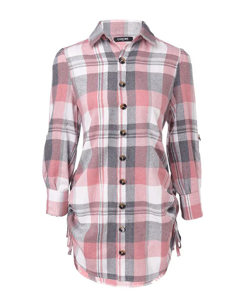 Plaid Pattern Side Drawstring Buttoned Shirt Dress pink