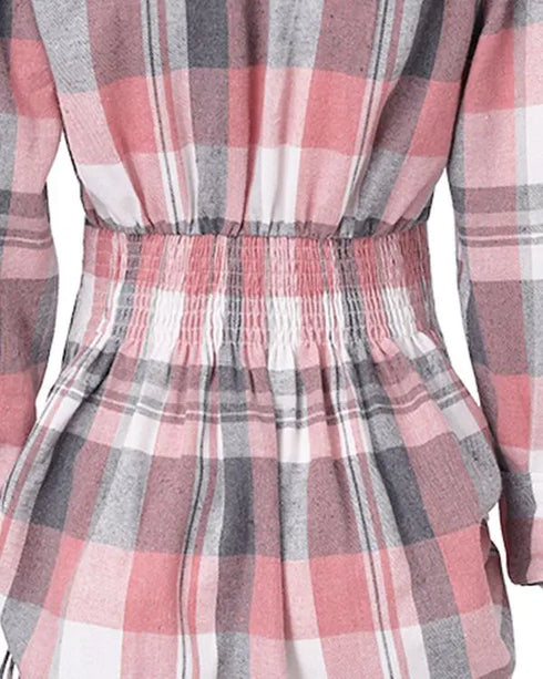 Button Down Shirt Dress Roll Tab Sleeve Side Drawstring Mini Dresses pink