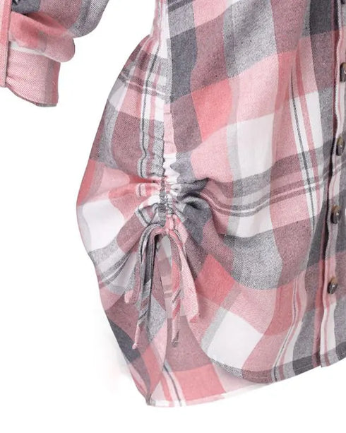 Button Down Shirt Dress Roll Tab Sleeve Side Drawstring Mini Dresses pink