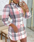Plaid Pattern Side Drawstring Buttoned Shirt Dress pink
