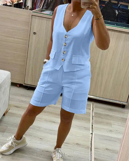 2 Pieces Outfit V Neck Button Front Flap Detail Vest Top and Casual Pockets Design Zipper Fly Elastic Back Waist Shorts Set blue