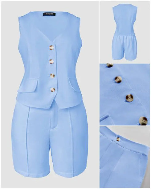 Denim Look Jacquard V-Neck Sleeveless Button Top and Casual Pants Set with Pocket blue