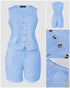 Denim Look Jacquard V-Neck Sleeveless Button Top and Casual Pants Set with Pocket blue