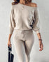 Geo Tape Patch Gigot Sleeve Top & Pants Set beige
