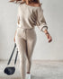 Geo Tape Patch Gigot Sleeve Top & Pants Set beige