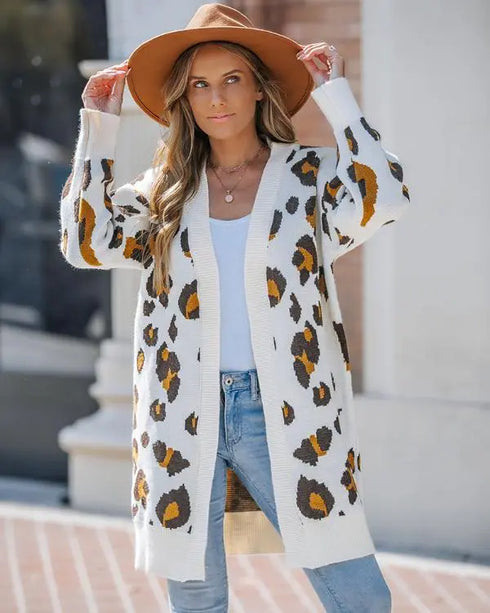 Leopard Pattern Longline Knit Cardigan Open Front Sweater Apricot