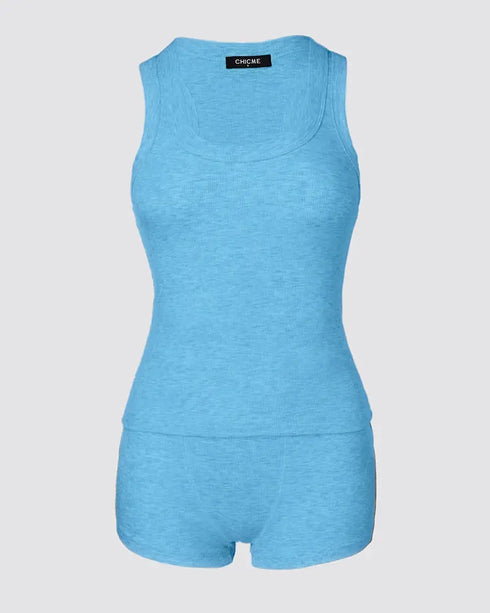 2PCS Micro-Ribbed U-Neck Tank Top & Boxer Set Cozy Loungewear Lighted Blue