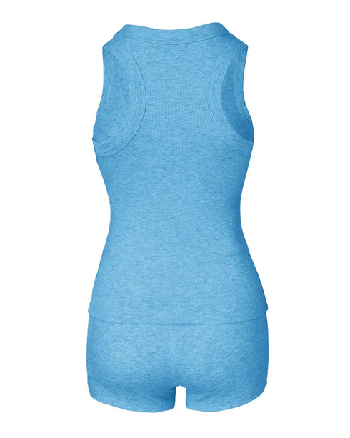 2 Pieces Outfit Ditsy Floral Print U-Neck Tank Top and Elastic Waist Shorts Set Slim Fit Ribbed Set Lighted Blue