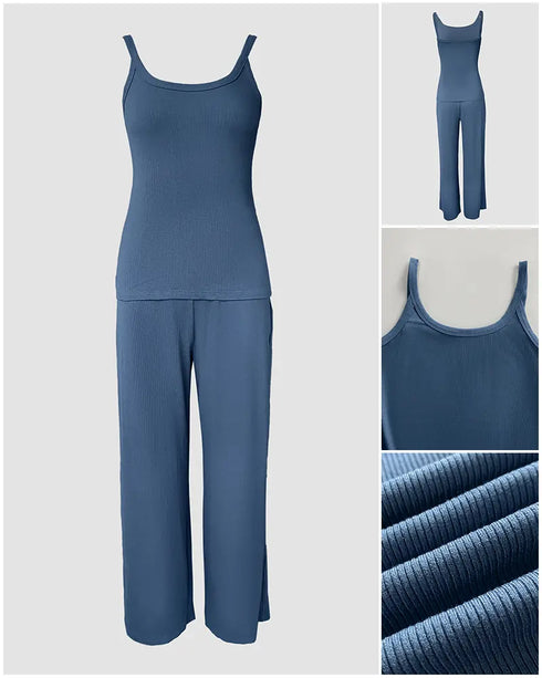 2 Pieces Outfit U-Neck Spaghetti Strap Cami Top and Elastic Waist Wide Leg Pants Set Casual Ribbed Set blue